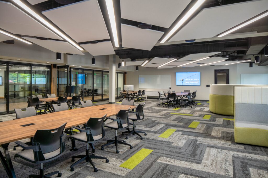 Lifeway christian resources wanted architecture that focused on creativity in community that is why visioneering studios, architect firm designed a space with an open concept and large tables for collaboration