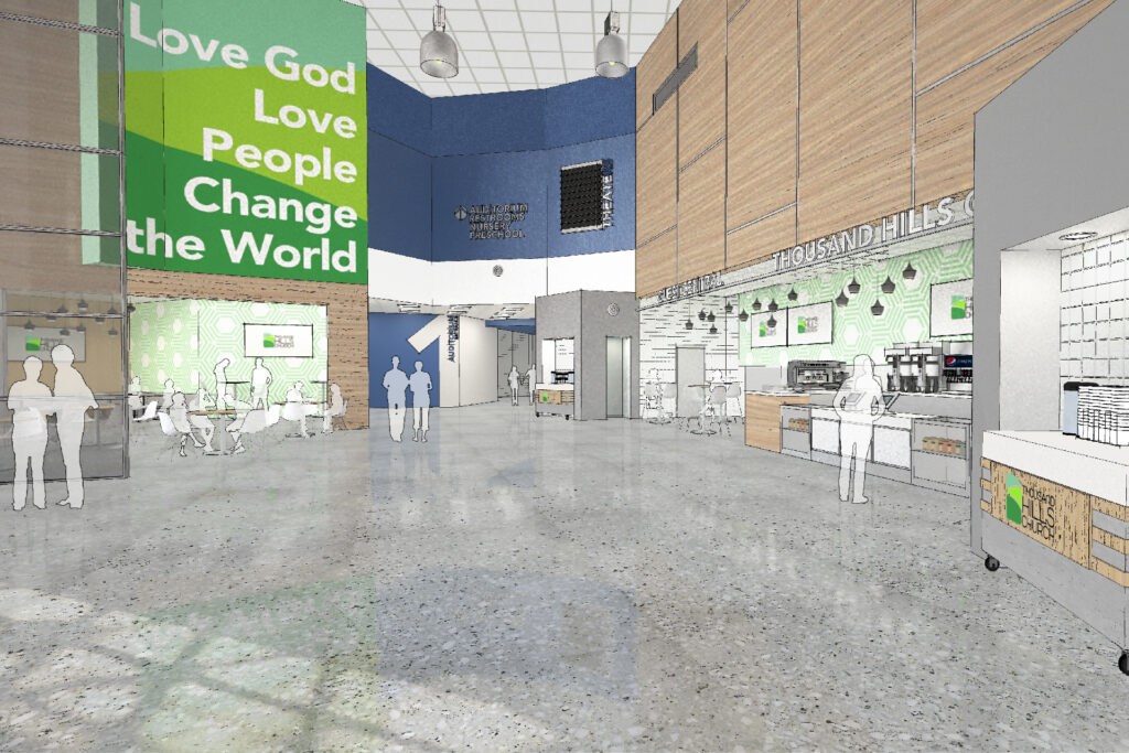 church interior design rendering (vision) by visioneering studios of Thousand Hills church in Texas.